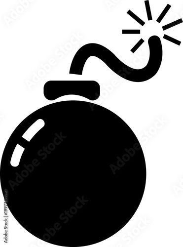 Bomb explosive weapon danger icon in black flat style featuring grenade, dynamite, blast, detonation synonym elements for hazard, warning and military design use
