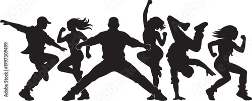 Dynamic graphic showing a diverse group of dancers performing energetic choreography silhouettes vector