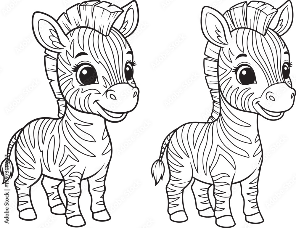 Obraz premium Two cute cartoon zebras with striped coats and short manes line art baby animal white background wildlife grassland illustration adorable childlike friendly cheerful whimsical isolated