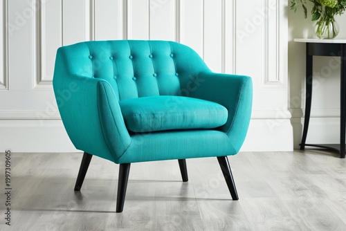 Bright Teal Chair With Tufted Backrest Positioned Against a Plain Background