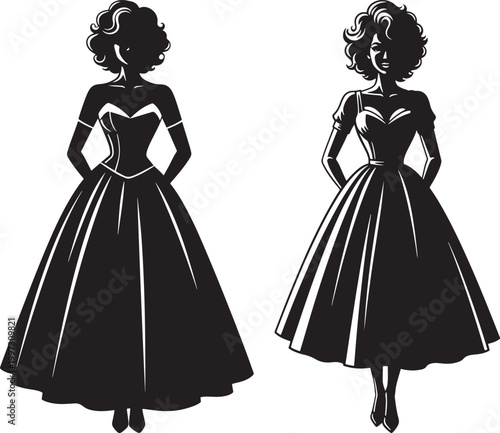 Elegant silhouettes of two women in vintage ball gowns with party dress evening wear formal wear black and white fashion model silhouette elegance ballgown graceful articulate illustration