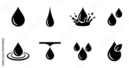 Black water drop icon set, minimalist liquid droplet vector collection, 8 moisture and splash symbols for eco-friendly branding and hygiene design