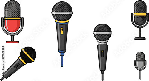 A collection of colorful microphones on a white background for music and podcasting