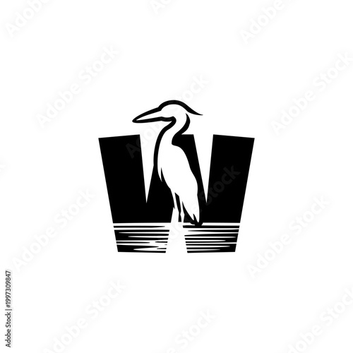 Clean monochrome vector logo featuring a standing crane combined with an alphabet letter W, ideal for brand identity, corporate logo, minimalist design, and emblem use.