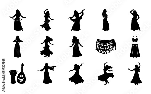 Belly dance silhouette collection, middle eastern dancer icons with musical instruments, set of 15 vector elements for oriental culture and performance