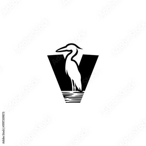 Clean monochrome vector logo featuring a standing crane combined with an alphabet letter V, ideal for brand identity, corporate logo, minimalist design, and emblem use.