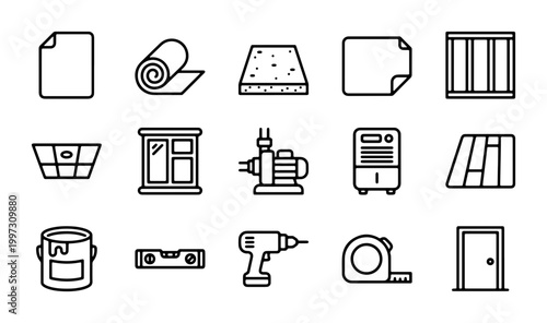Construction materials and home renovation icons set, 15 building tools and hardware vector elements, professional repair and DIY equipment collection