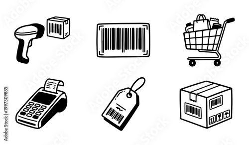 Hand drawn retail shopping icons set, black and white doodle barcode and scanner vector, grocery cart and payment terminal illustrations
