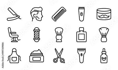 Barbershop line icons set, 15 professional hair salon symbols, grooming and shaving equipment vector collection for men's beauty and styling