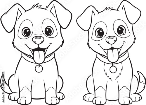 Line drawing of two adorable puppies sitting with tongues out line art cute dog puppy love friendly dog black and white dog breed mixed breed family pet purebred dog icon illustration