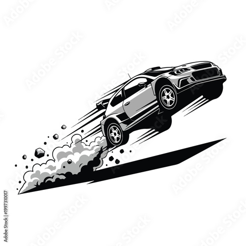 Dynamic monochrome illustration of a rally car mid-air during an aggressive jump, trailing smoke and dust against a stark white background, conveying speed and motion