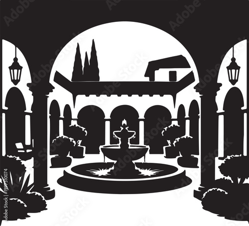 Villa courtyard with mediterranean arches and fountain silhouette vector