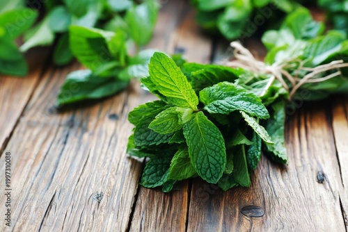 Fresh Mint Leaves Tied With String Placed on a Textured Gray Surface During D...