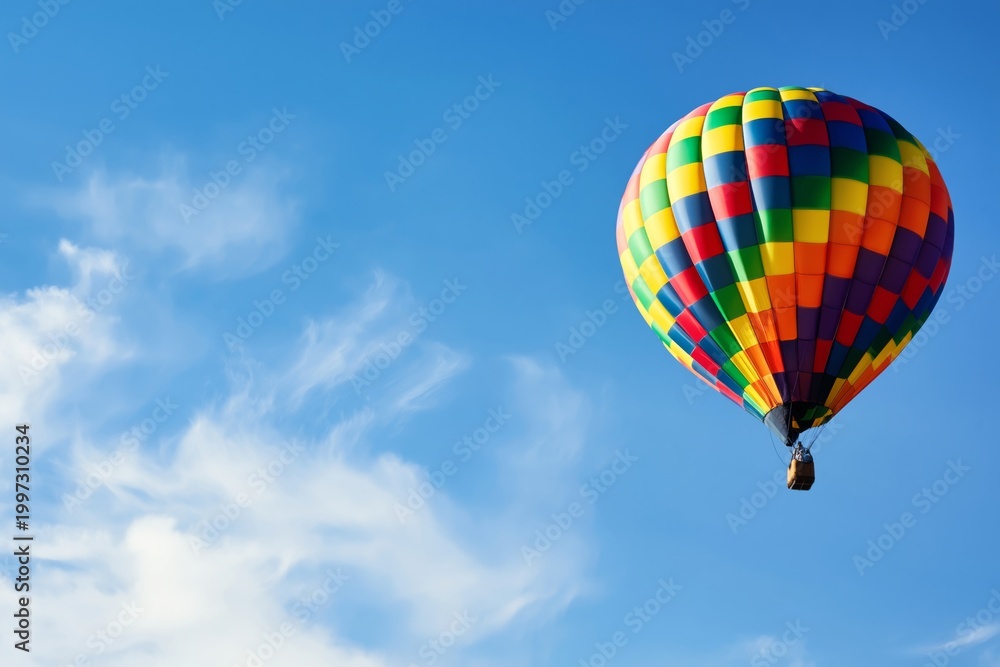 Fototapeta premium Colorful Hot Air Balloon Flies Across a Blue Sky With Wispy Clouds During a Sunny Day