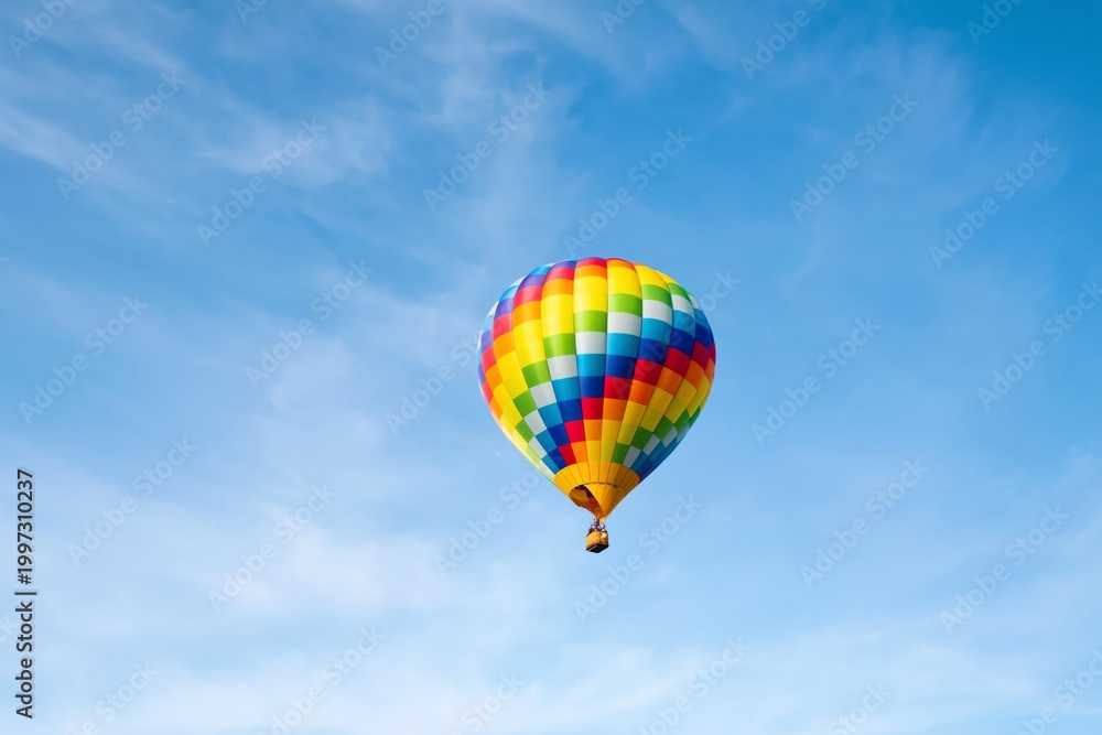 Fototapeta premium Colorful Hot Air Balloon Flies Across a Blue Sky With Wispy Clouds During a Sunny Day