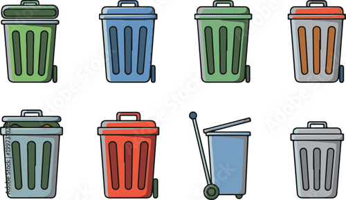 A collection of colorful trash cans and recycling bins on a white background