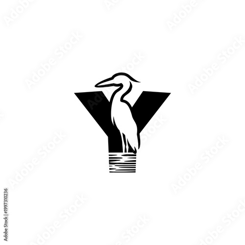 Clean monochrome vector logo featuring a standing crane combined with an alphabet letter Y, ideal for brand identity, corporate logo, minimalist design, and emblem use.