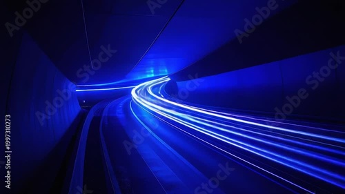 Illuminated tunnel with light trails, curving and framed by smooth architectural elements