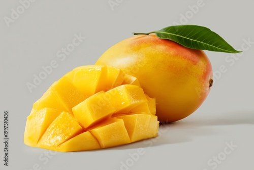 Fresh Mango on a Dark Surface With a Slice and a Green Leaf Showing Its Vibra...