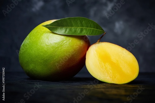 Fresh Mango on a Dark Surface With a Slice and a Green Leaf Showing Its Vibra...