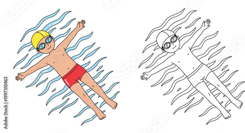 Little Boy Floating on Water Surface Wearing Goggles and Swim Cap, Set of Colored and Black and White Line Art Illustration for Kids Coloring Book Vector