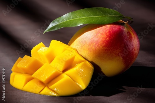 Fresh Mango With Green Leaf and Cut Slice on Dark Background