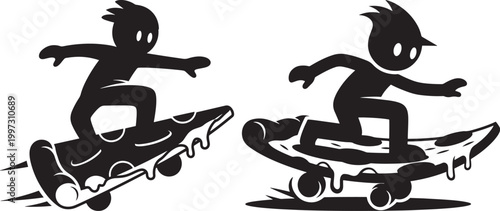 Two cartoon figures surfing on pizza slices with fast food junk food black and white skateboarding pepperoni activity lifestyle illustration character creative enjoyment movement
