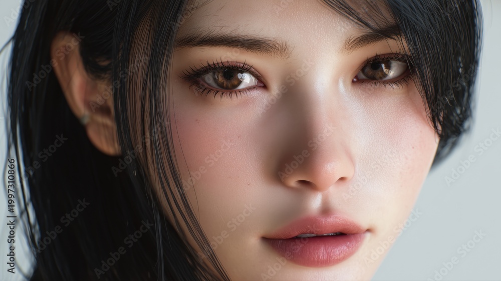 Fototapeta premium 若い女性の顔のクローズアップ。美容やスキンケア関連の広告や記事に最適な素材。
