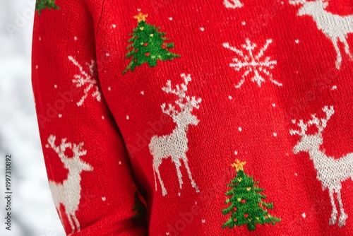 Winter Sweater With Reindeer and Tree Design Worn During Holiday Season