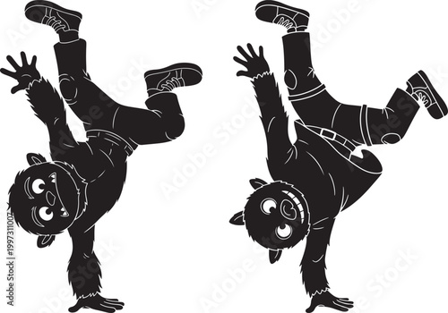 Two silhouette boys breakdancing with hip hop street dance black and white background breakdancing silhouette activity movement performance illustration gymnastics acrobatic flexible