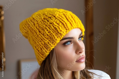 Young Woman in a Yellow Hat Smiles Near a Stone Wall in Winter