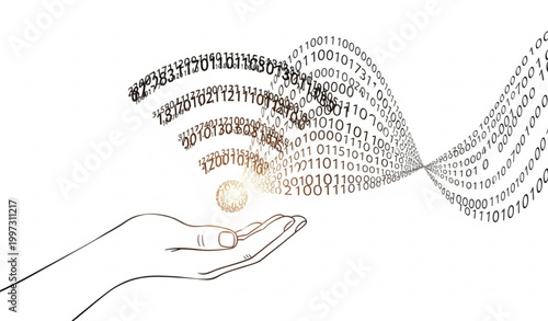 Wireless network WiFi icon with binary code waves in hand data transfer technology vector on white background