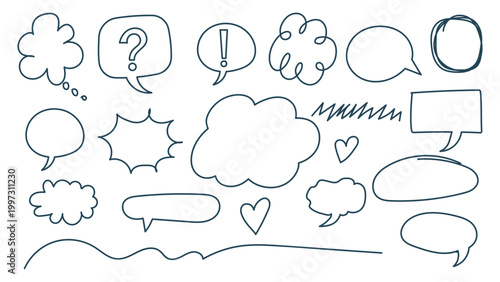 Set of hand drawn speech bubbles and thought clouds with various shapes and doodle markers