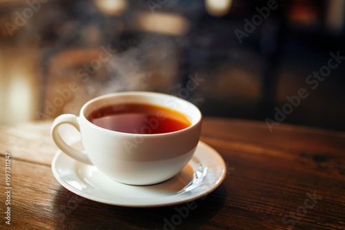 Steaming Cup of Tea Sits on Wooden Table in a Cafe in the Morning