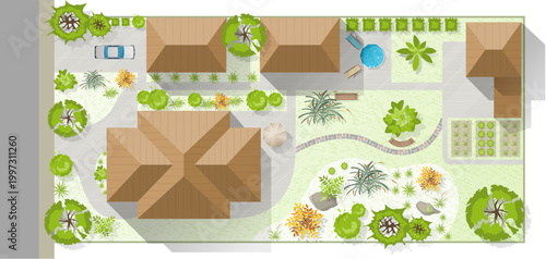Landscape design plan with house, courtyard, lawn and garage top view. Highly detailed plan of country with modern cottage, garden, pond, pool. Vector illustration of Cityscape, Map of town, village