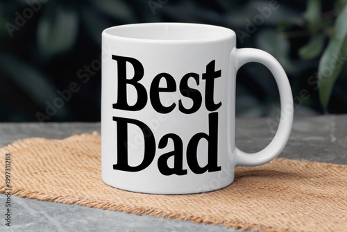 Mug With the Words Best Dad on the Table Next to Plants and a Wooden Tray in ...