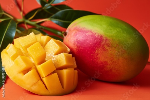 Fresh Mango on Display Showing Green and Yellow Skin With One Mango Sliced Op...