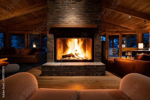 Cozy Evening by the Fireplace in a Cabin With Wooden Interior and Warm Light