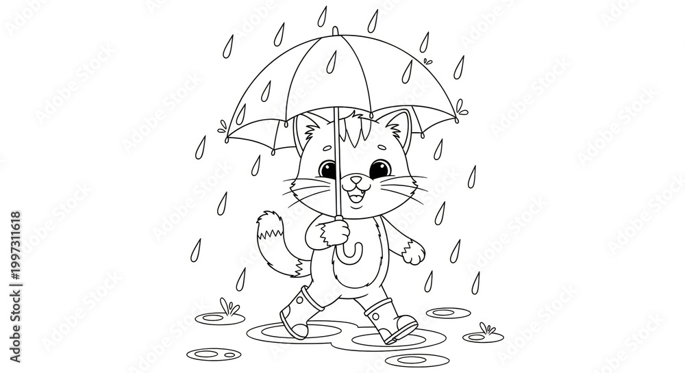 Fototapeta premium A cute cartoon cat wearing rain boots and holding an umbrella on a rainy day with puddles all around