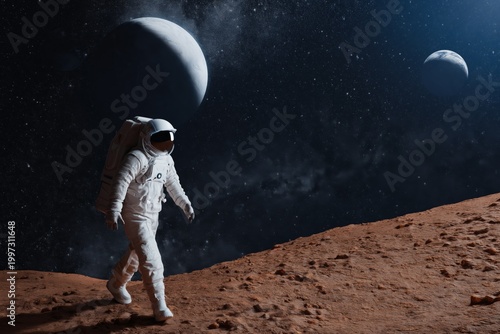 Astronaut Walks on the Surface of Mars With Planets in the Background at Night