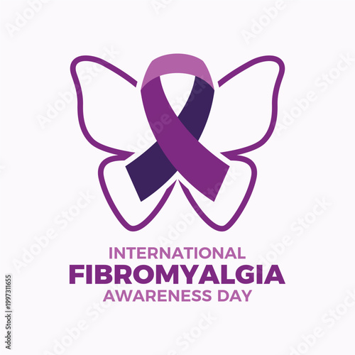 International Fibromyalgia Awareness Day poster vector illustration. Purple awareness ribbon and abstract butterfly wings symbol. Template for background, banner, card, poster. May 12 every year