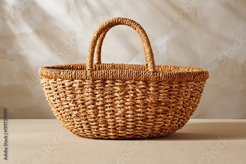 Woven Basket Placed on a Wooden Surface in a Simple Indoor Setting During Day...