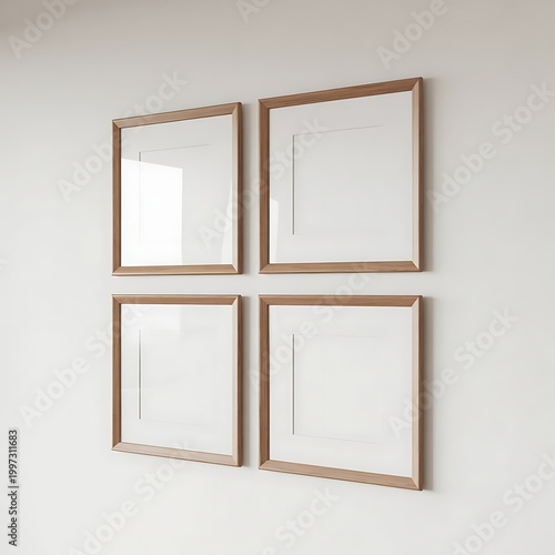 Set of four square frmes with passe-partout. Wooden frame mockup on white wall. Poster mockup. Clean, modern, minimal frame. Empty fra.me Indoor interior, show text or product