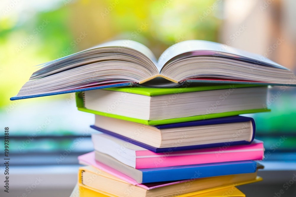 Fototapeta premium Books Stacked With an Open Book on Top on a Colorful Background