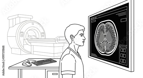 Doctor analyzes brain MRI scan on screen next to MRI machine and computer