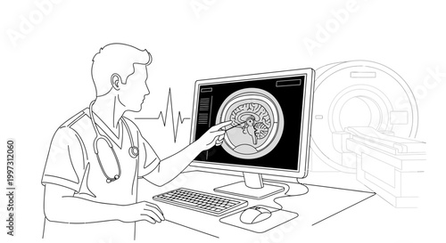 Doctor analyzing MRI scan on computer screen in front of MRI machine