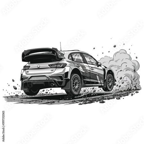 Dynamic monochrome rally car drifting powerfully, kicking up dust and debris on a rough track with aggressive motion blur and speed lines