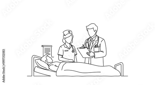 Doctor and nurse examining patient in hospital bed, medical care illustration
