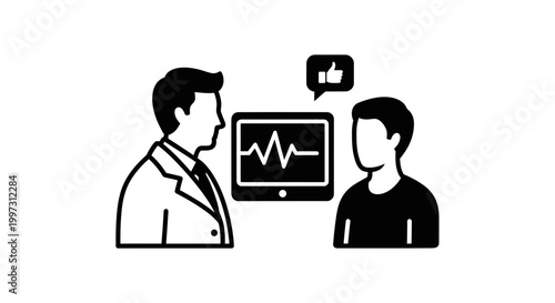 Doctor and patient discussing medical results on monitor with thumbs up icon