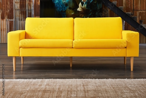 Bright Yellow Sofa in a Modern Living Room With Green Plants and Colorful Art...